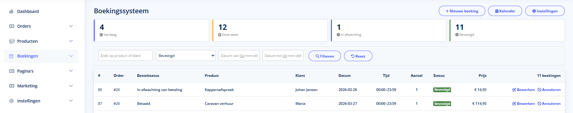 Boekingssysteem - Boekingssysteem Overzicht van alle reserveringen