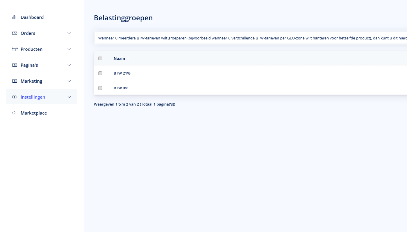 Belastingen - Belastingen Belastinggroepen overzicht in TSB