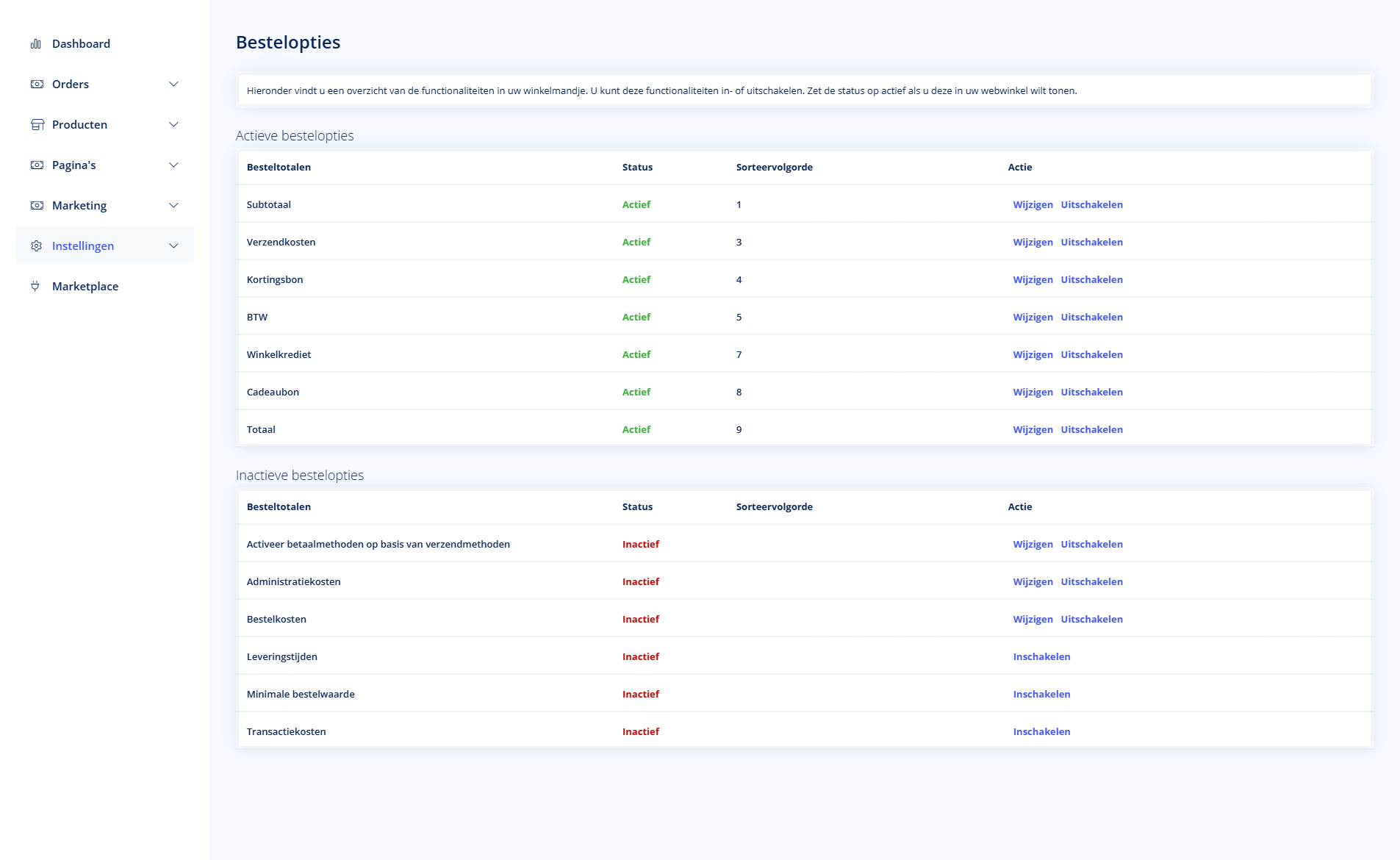Bestelopties - Bestelopties Bestelopties overzicht in TSB admin