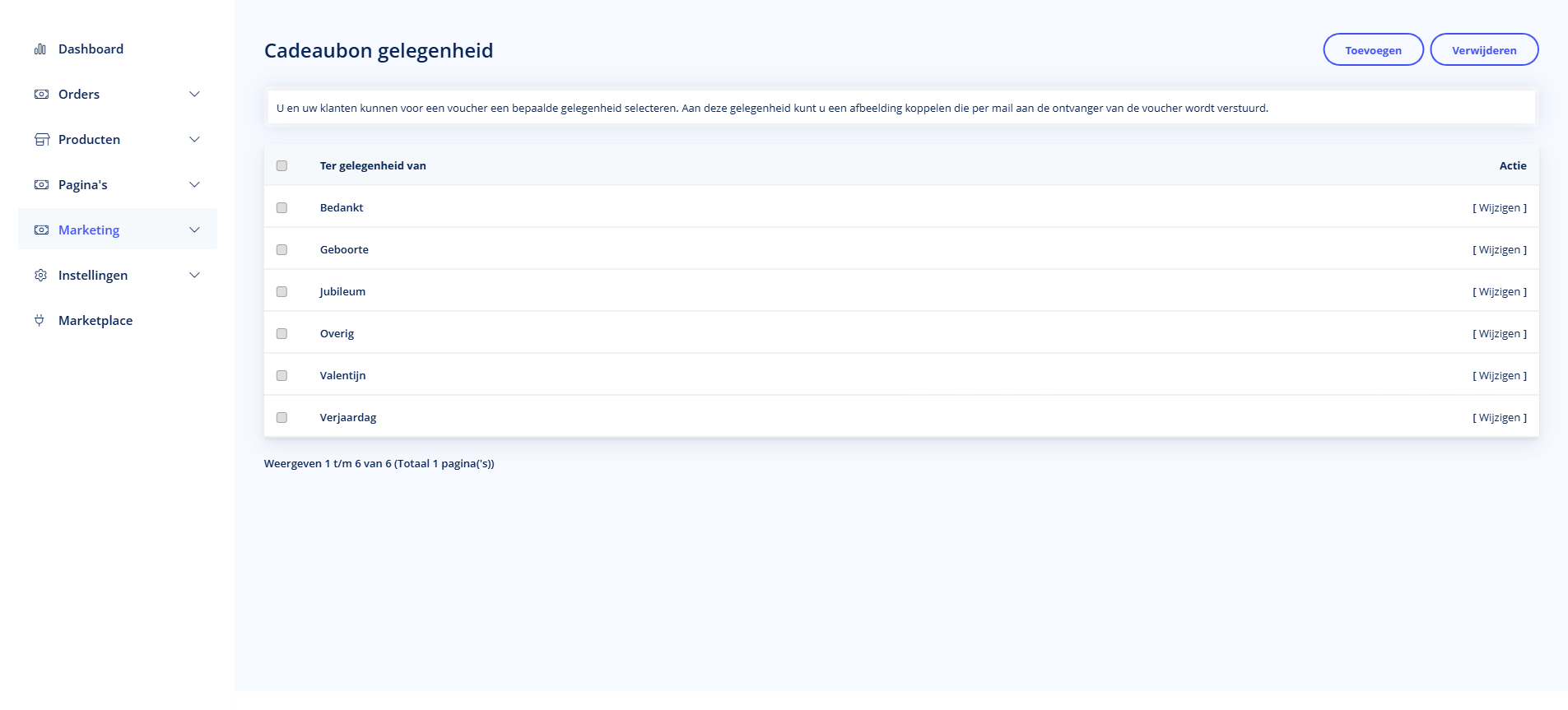 Gelegenheden - Gelegenheden Gelegenheden overzicht in TSB admin
