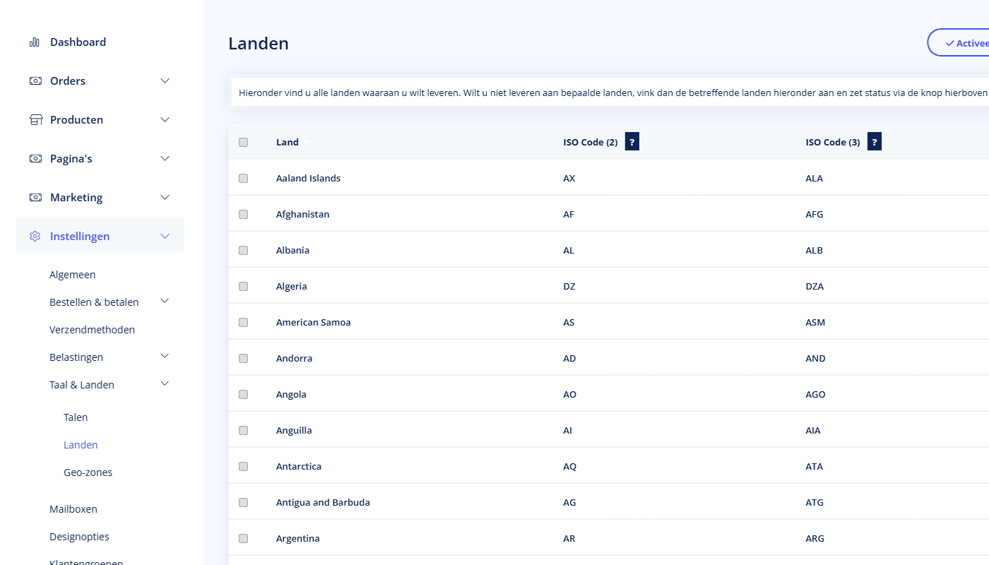 Landen - Landen Landen in het TSB admin paneel