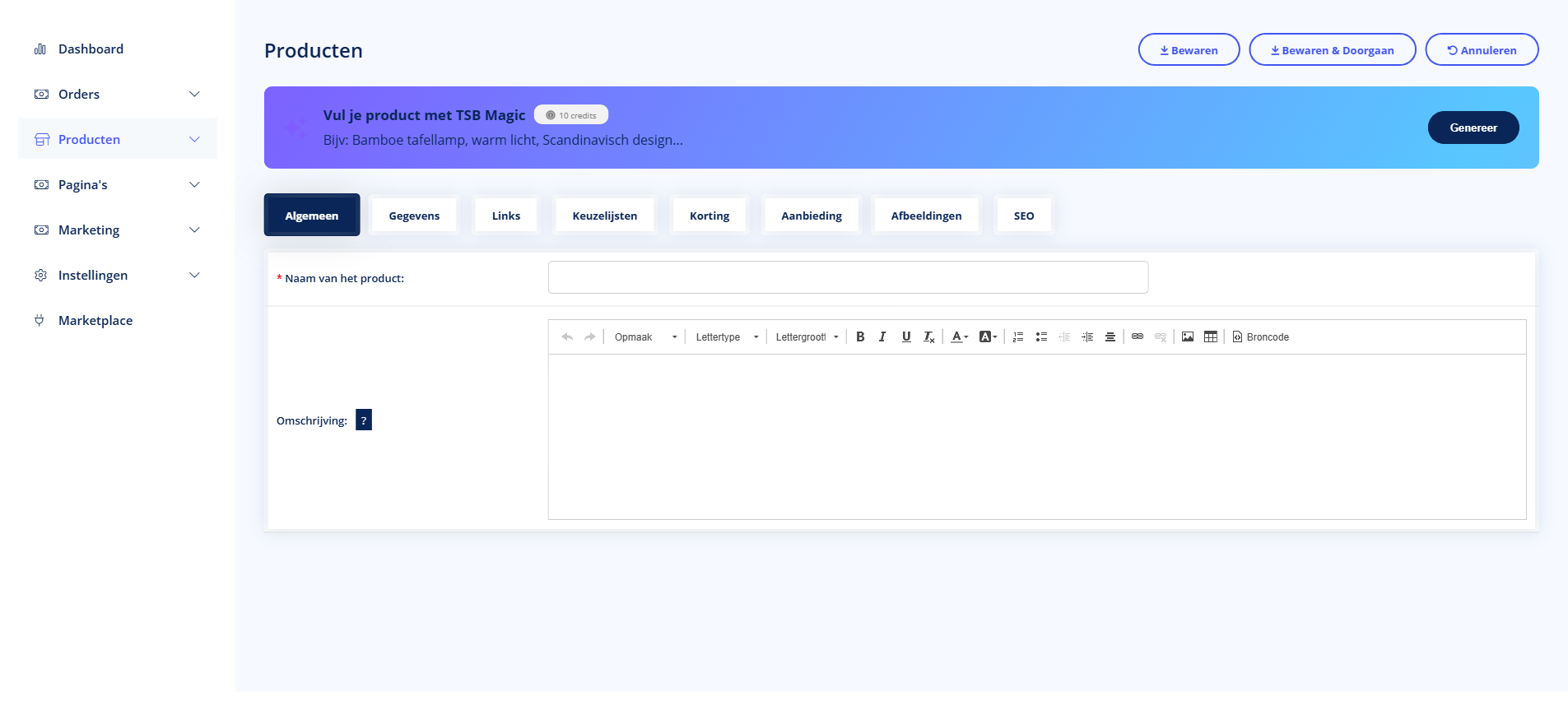 Product toevoegen - Product toevoegen Product toevoegen formulier in TSB