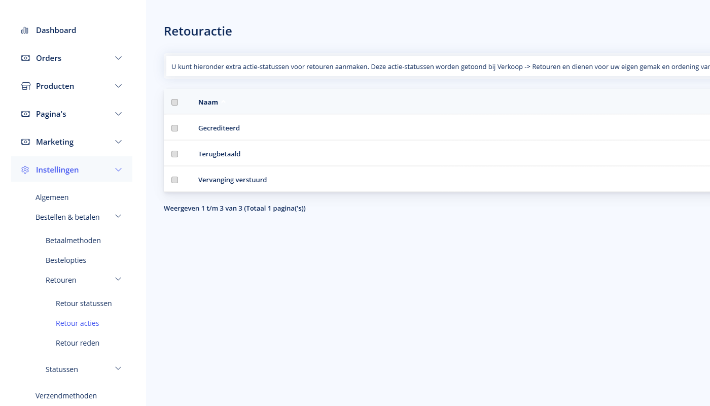 Retour acties - Retour acties Retour acties in het TSB admin paneel