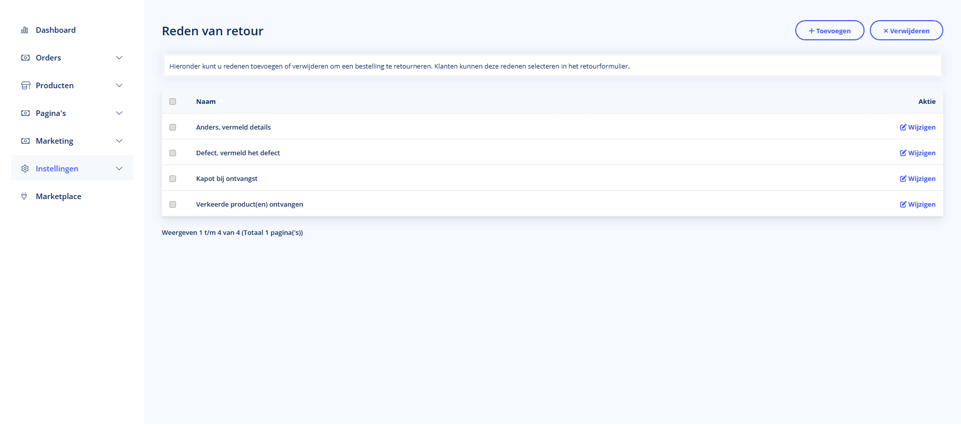Retour reden - Retour reden Retour reden overzicht in TSB admin