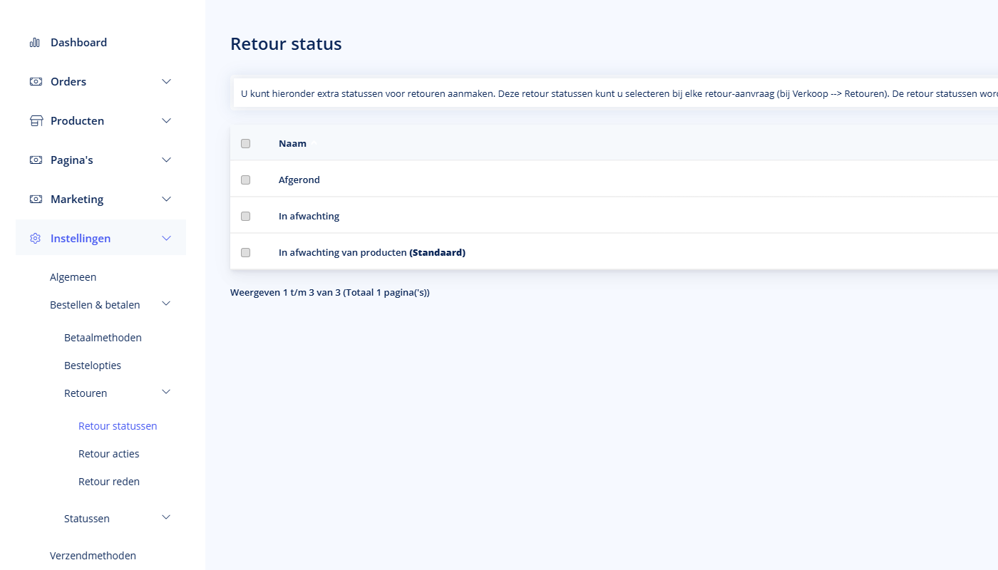 Retour statussen - Retour statussen Retour statussen in het TSB admin paneel