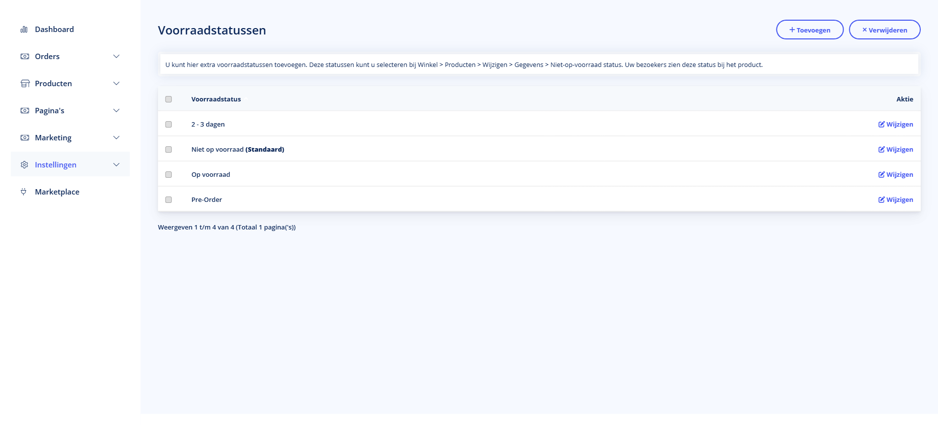Voorraadstatussen - Voorraadstatussen Voorraadstatussen overzicht in TSB admin