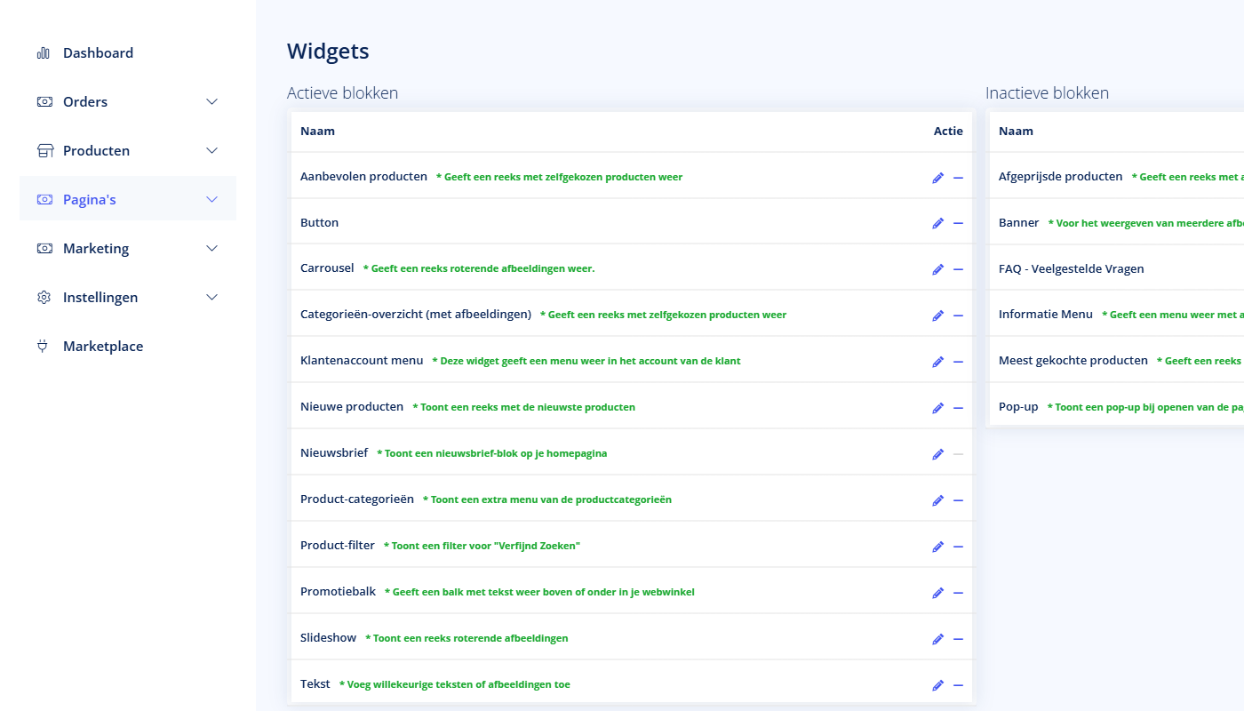 Widgets - Widgets Widgets en modules overzicht in TSB