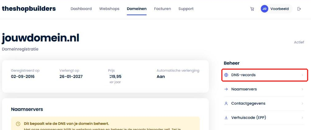Wat zijn naamservers en DNS-records? - Wat zijn naamservers en DNS-records? De domeinpagina in je klantomgeving met het beheermenu