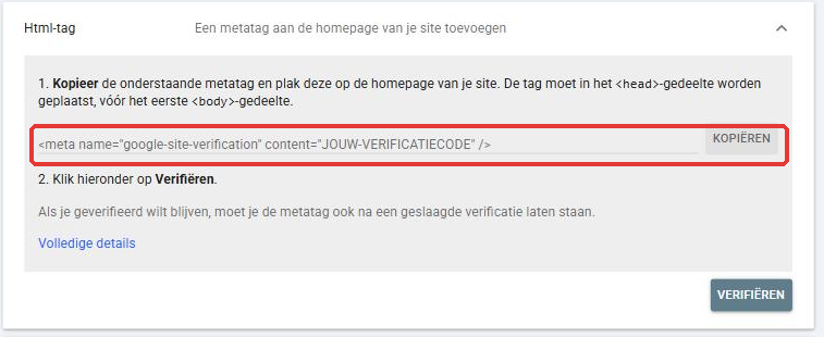 Hoe kan ik mijn webwinkel koppelen aan Google Search Console - Hoe kan ik mijn webwinkel koppelen aan Google Search Console De verificatiecode van de HTML-tag in Google Search Console